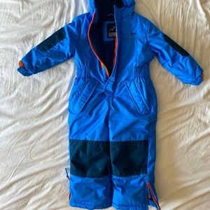 Fully insulated snowsuit for boys with bright orange trim.